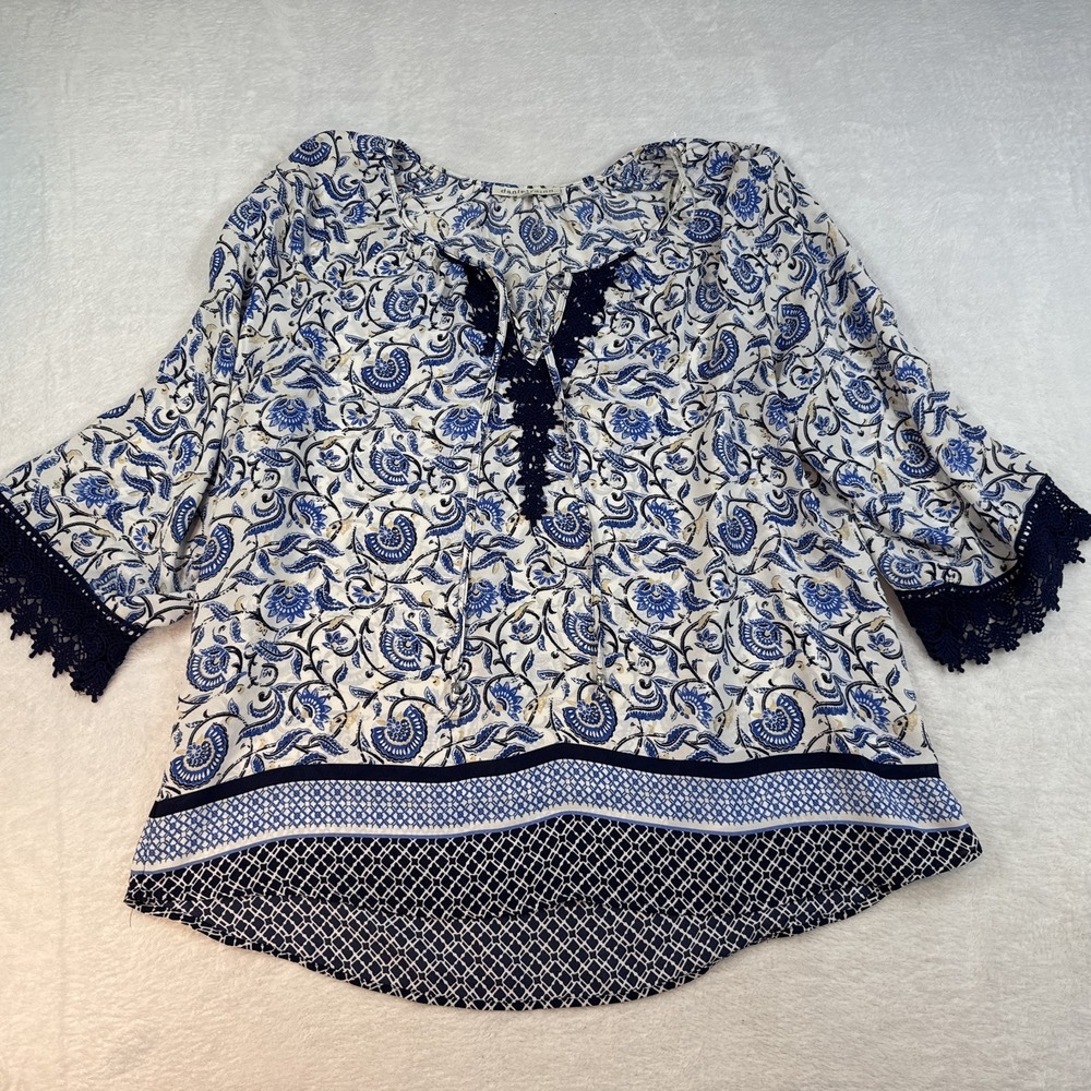 Daniel Rainn XL Blue Tan White Floral 3/4 Sleeve Embroidered Lace Boho Top